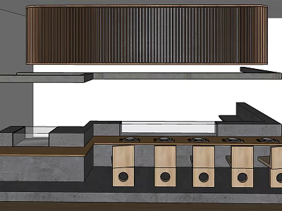 Sleek Modern Bar Counter With Wooden Slatted Backdrop And Wooden Cabinets 3d model