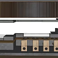 Sleek Modern Bar Counter With Wooden Slatted Backdrop And Wooden Cabinets