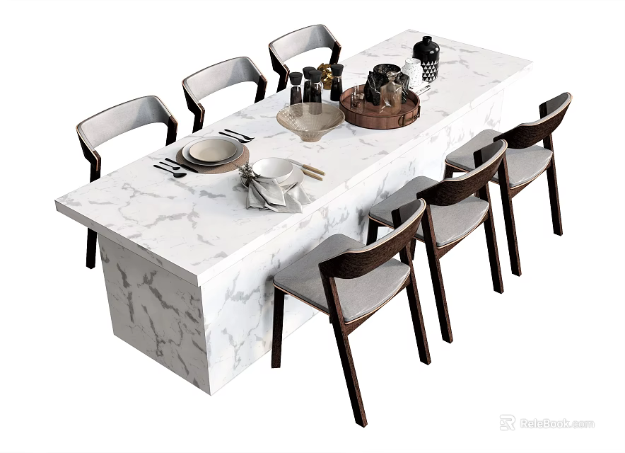 Modern Marble Dining Table Set With Wooden Chairs Wine Glasses And Tableware 3d model