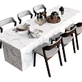 Modern Marble Dining Table Set With Wooden Chairs Wine Glasses And Tableware 3d model