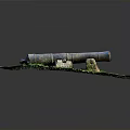 Ancient Cannon On Green Grass Field With Stones And Fallen Leaves