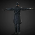 Man In Black Leather Coat With Hat And Arms Outstretched Against Dark Background 3d model