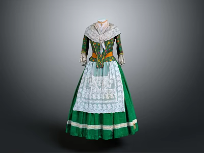 Traditional Green Long Dress with White Lace Apron and Ornate Decorative Details 3d model
