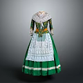 Traditional Green Long Dress with White Lace Apron and Ornate Decorative Details