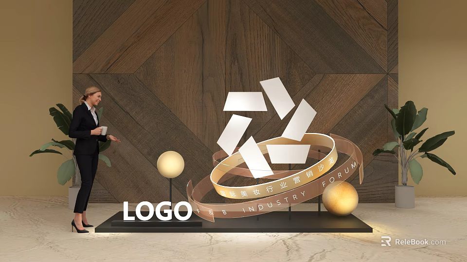 Modern Industrial Sculpture Display With Wooden Wall Background Sphere Lamps And Green Plant 3d model 