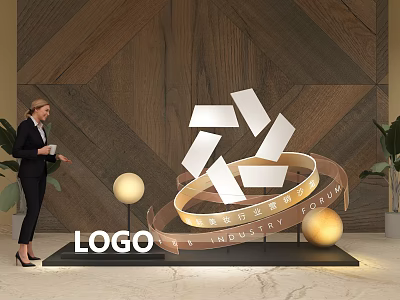 Modern Industrial Sculpture Display With Wooden Wall Background Sphere Lamps And Green Plant 3d model