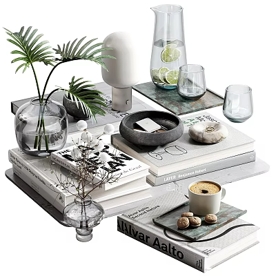 Stylish Decorative Ornament Combination With Palm Leaves Vase Glass Cups Books Trays And Coffee Cup 3d model