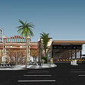 Luxurious Entrance Gate With Metal Fence Palm Trees Green Roof And Security Kiosk