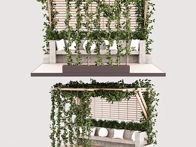 Lush Pergola Design With Climbing Vines Wooden Louvered Panels And Bench Seats 3d model