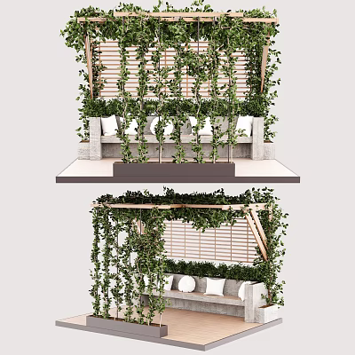 Lush Pergola Design With Climbing Vines Wooden Louvered Panels And Bench Seats 3d model
