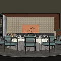 Modern Private Dining Room With Geometric Pattern Wall Round Table And Green Chairs 3d model
