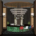 Hotel Lobby Interior With Elegant Chandelier Green Bar Colored Chairs And Checkerboard Floor