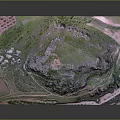 3D Hilly Terrain Model With Green Vegetation Rocky Areas Paths And Small Buildings