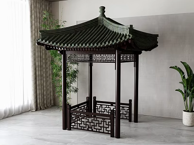 Indoor Chinese Style Wooden Garden Pavilion With Green Tiled Roof Carved Railings And Plants 3d model