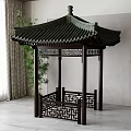 Indoor Chinese Style Wooden Garden Pavilion With Green Tiled Roof Carved Railings And Plants