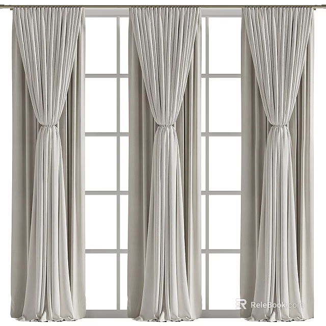 Elegant Light Colored Pleated Curtains With Tiebacks For Window Decoration 3d model 
