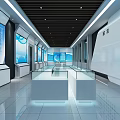 Modern Tech Exhibition Hall With Multiple Large Blue Screens Glass Display Cases And White Walls