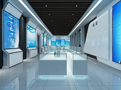 Modern Tech Exhibition Hall With Multiple Large Blue Screens Glass Display Cases And White Walls 3d model