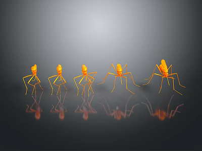 Five Orange Ant Shaped Decorative Figurines With Reflections On Gray Surface 3d model