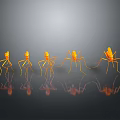 Five Orange Ant Shaped Decorative Figurines With Reflections On Gray Surface
