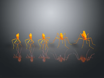 Five Orange Ant Shaped Decorative Figurines With Reflections On Gray Surface 3d model