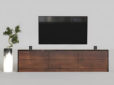 Modern Wooden TV Stand With Drawers Black TV Vase And Green Plant 3d model