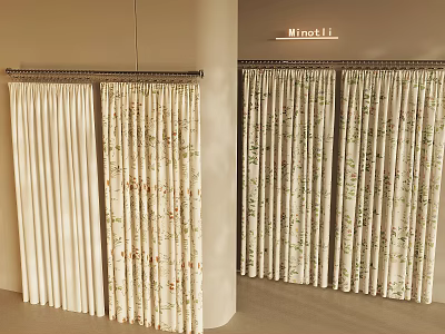 Beige And Floral Pattern Curtains Hanging On Rod In Room Interior 3d model