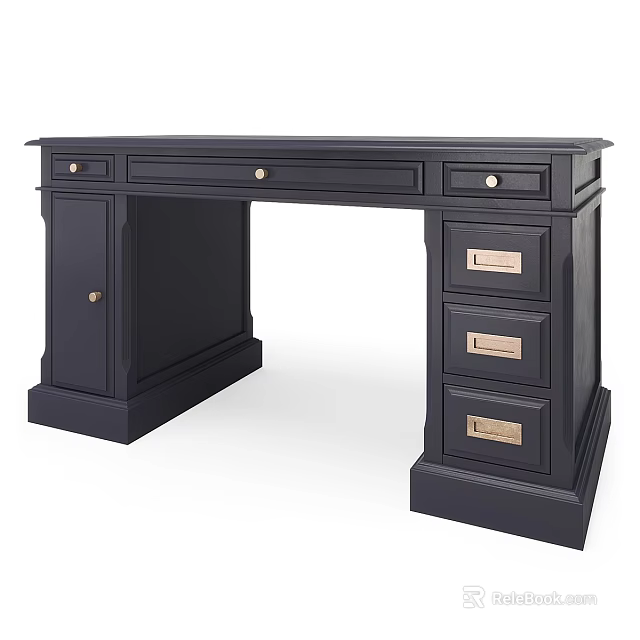 Traditional Black Wooden Office Desk With Drawers Cabinet And Metal Handles Design 3d model 