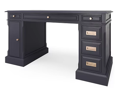 Traditional Black Wooden Office Desk With Drawers Cabinet And Metal Handles Design 3d model