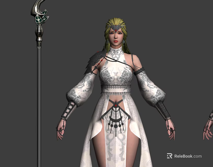 Game Film Female Character In White Robe With Green Hair And Ornate Staff 3d model 