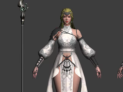 Game Film Female Character In White Robe With Green Hair And Ornate Staff 3d model
