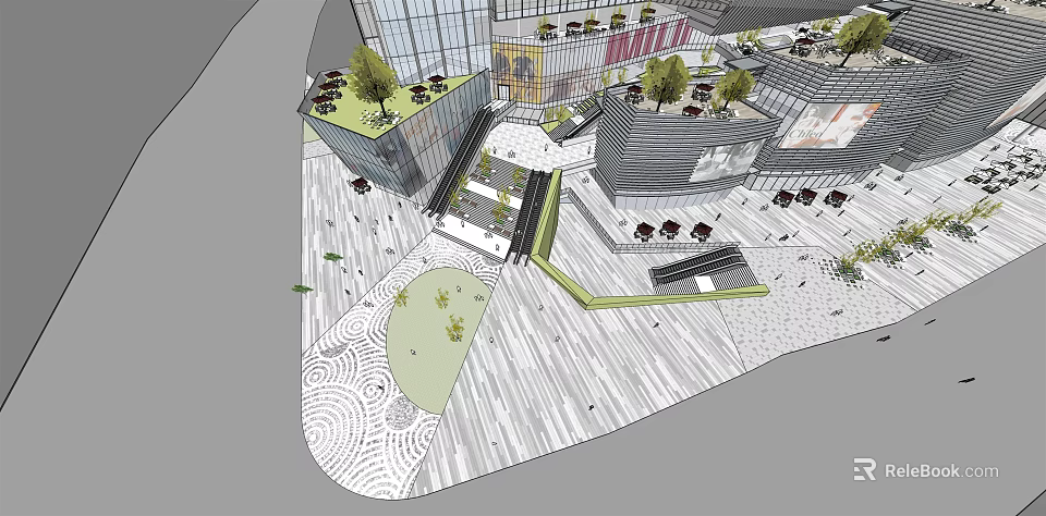 Modern Commercial Street With Contemporary Buildings Green Plants Outdoor Seating And Open Plaza 3d model 