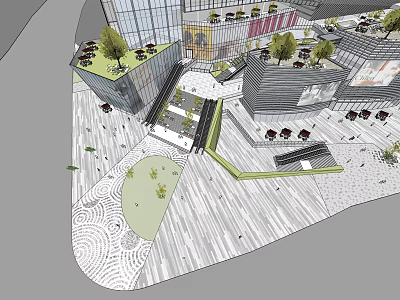Modern Commercial Street With Contemporary Buildings Green Plants Outdoor Seating And Open Plaza 3d model
