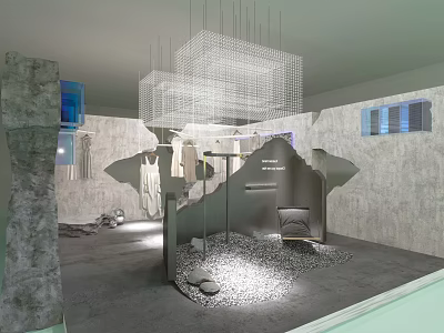 Modern Interior Design Featuring Grid Pendant Lights Display Platform Gravel Floor And Gray Walls 3d model