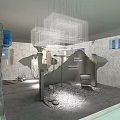 Modern Interior Design Featuring Grid Pendant Lights Display Platform Gravel Floor And Gray Walls