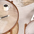 Modern Round Coffee Table With Glass Top Rattan Base And Wooden Legs