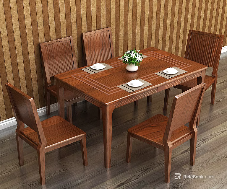 Wooden Dining Table Set With Six Chairs Vase Plants Striped Wall Wooden Floor 3d model 