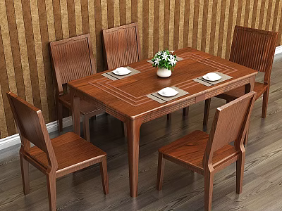 Wooden Dining Table Set With Six Chairs Vase Plants Striped Wall Wooden Floor 3d model