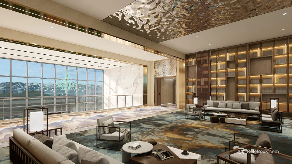 Modern Luxurious Hotel Public Lounge Area With Sofa Armchairs And Decorative Ceiling 3d model 