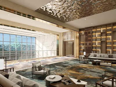 Modern Luxurious Hotel Public Lounge Area With Sofa Armchairs And Decorative Ceiling 3d model