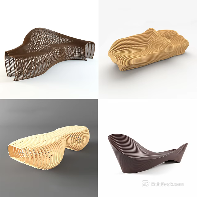 Modern Public Chair Unique Curved Design With Wooden Woven Structure And Stylish Shape 3d model 