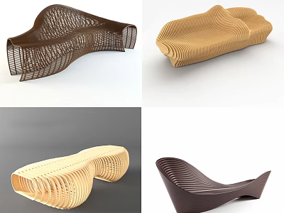 Modern Public Chair Unique Curved Design With Wooden Woven Structure And Stylish Shape 3d model