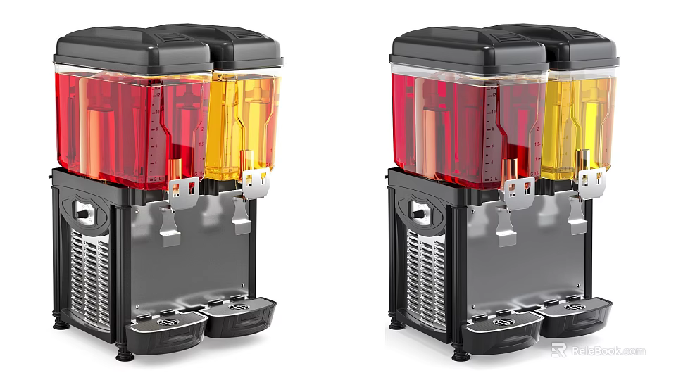 Commercial Beverage Dispensers With Two Tanks Red Yellow Beverages Black Body And Dispensing Taps 3d model 