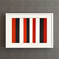 Three Framed Colorful Vertical Stripe Paintings With White Frames On Gray Wall