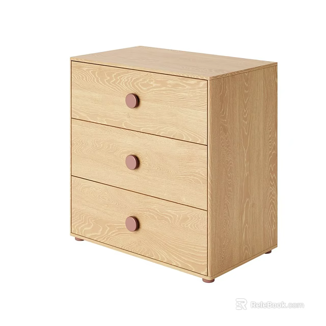 Wooden Bedside Table With Three Drawers And Round Knobs Simple Design 3d model