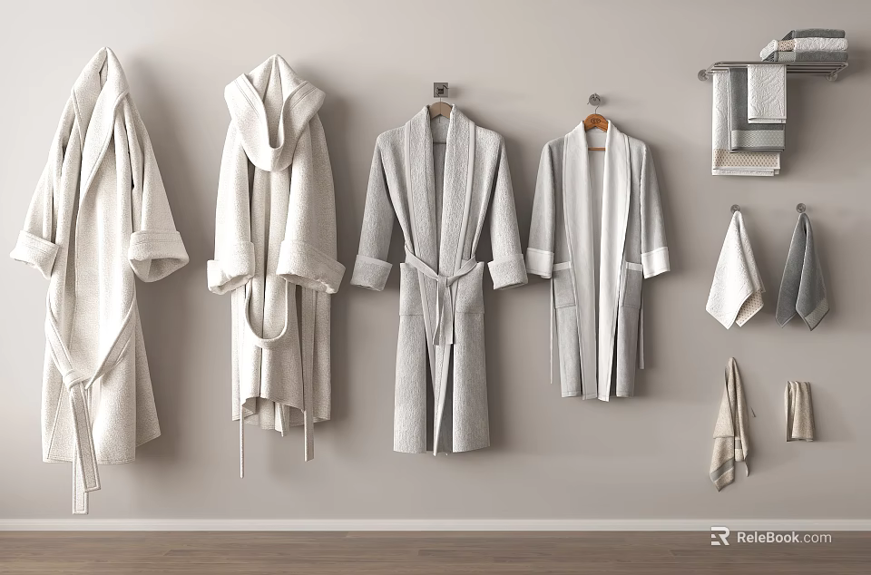 Bath Towels And Robes In Neutral Tones For Bathroom 3d model 