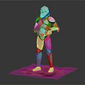 Armored Character In Red Gray Armor Holding Weapon Standing On Detailed Base
