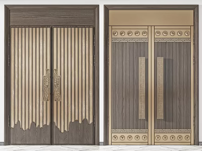 Decorative Wooden Double Doors Design With Vertical Stripes And Circular Patterns 3d model