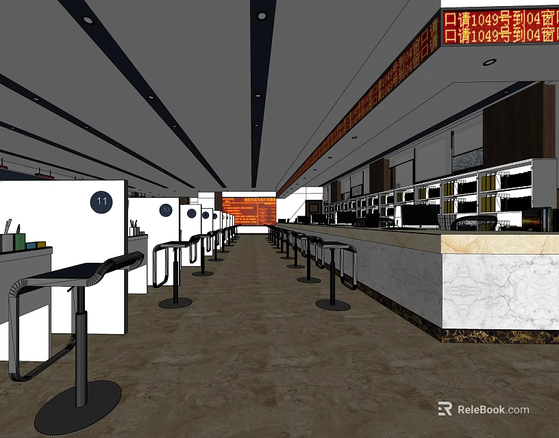 Spacious Public Office Area With Long Workspace Multiple Desks And Modern Lighting 3d model