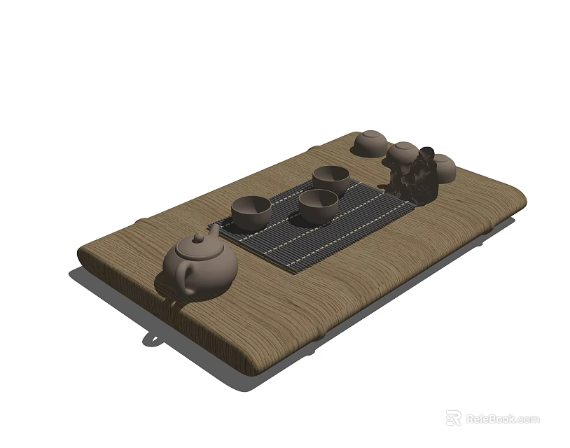 Traditional Tea Set With Teapot And Teacups Arranged On Brown Woven Mat 3d model 